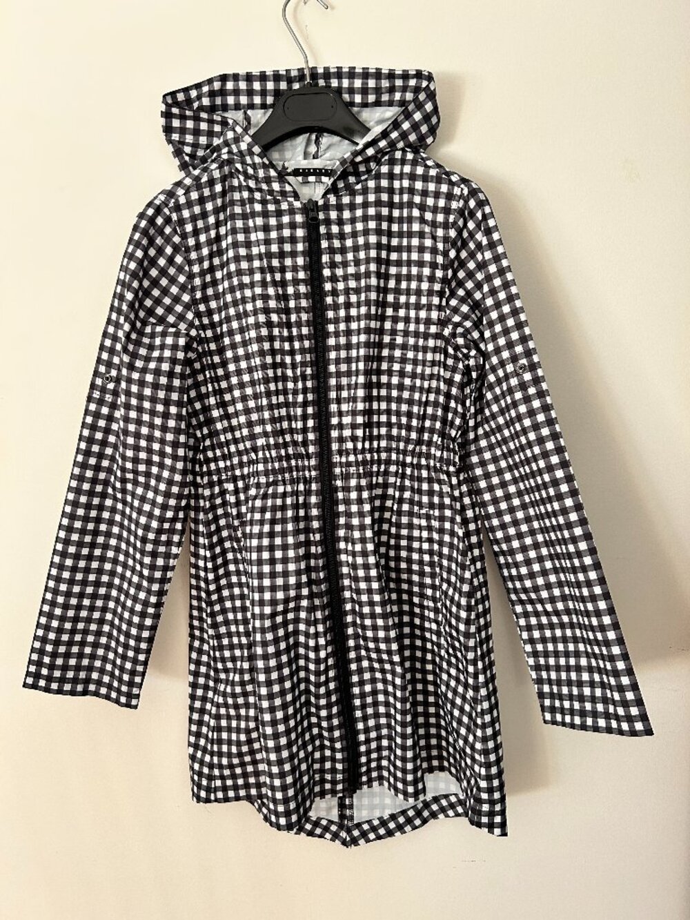 SISLEY Black & White Gingham Hooded Rain Jacket Windbreaker Size 2XL 11-12 years